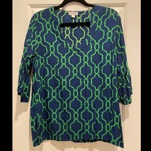 Three quarter sleeve Escapada navy and green patterned shirt